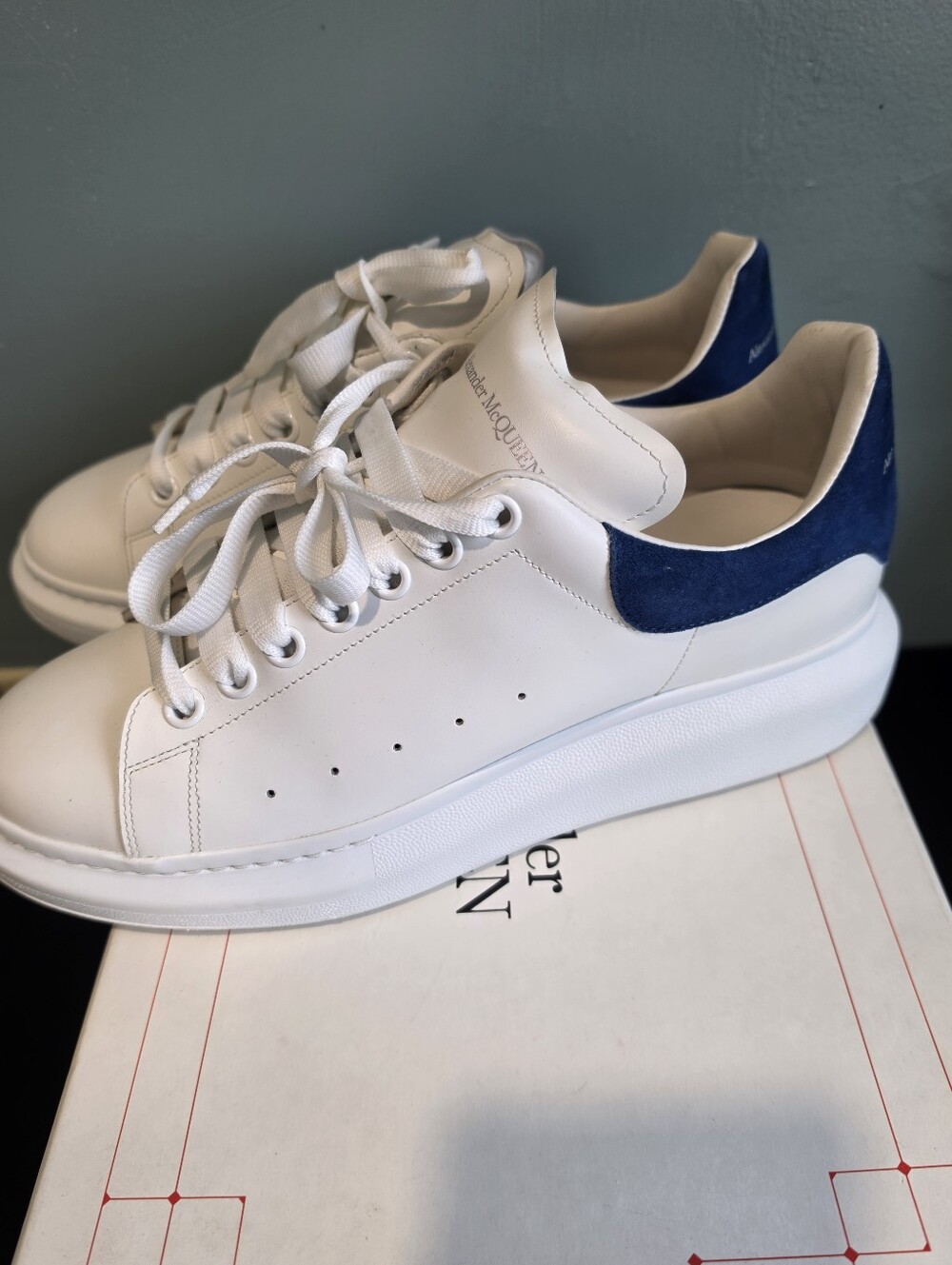 Alexander McQueen White Leather Sneakers with Blue Heel